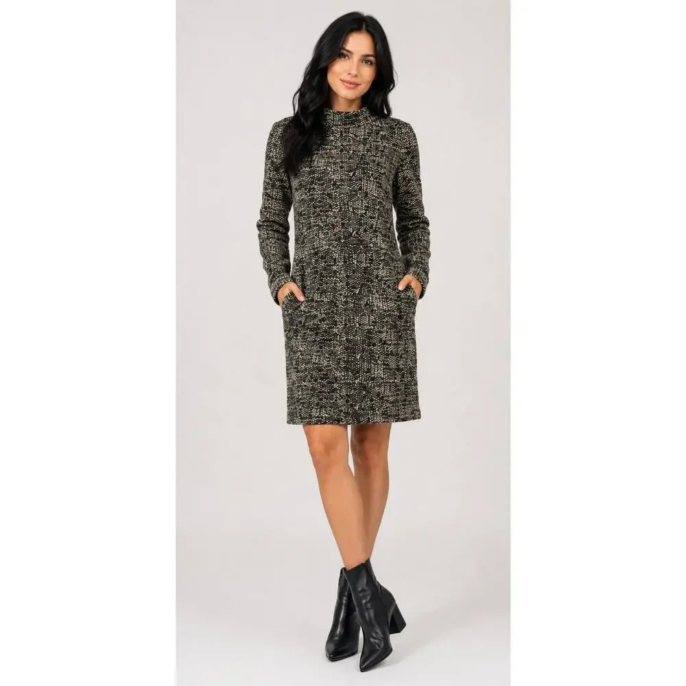 AKRIS PUNTO Woven Knit Sweater Dress 8 Tweed Textured Zip Side Pockets Black